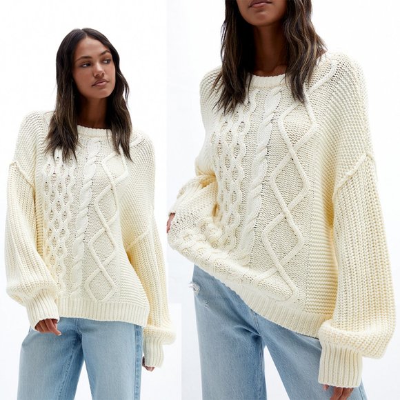 NEW Free People Soft Cozy Chunky Knit Dream Cable Crewneck Sweater Cream $98 L - Picture 9 of 11